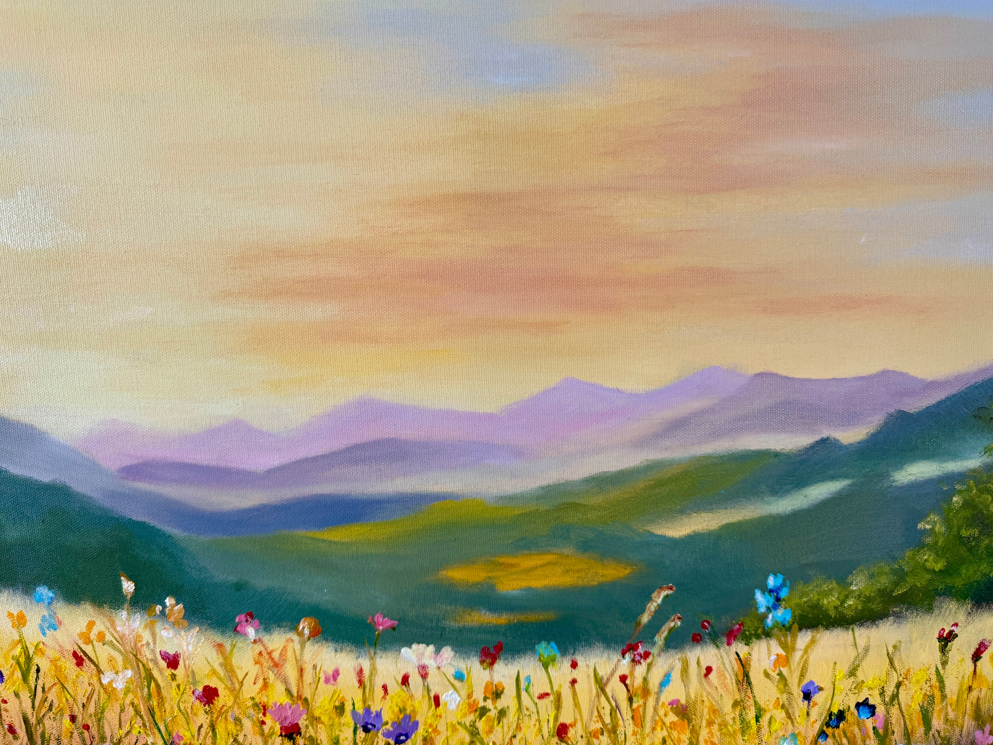 Sunrise Behind the Mountains over a Flower Field 28"x20"