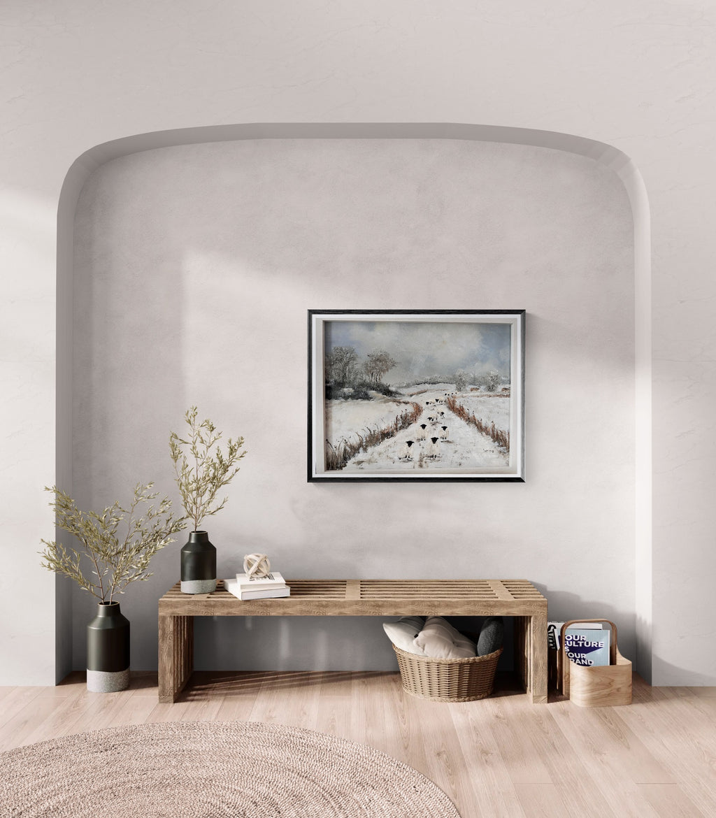 Original oil painting - Sheep on the road  Snowy Landscape Art on board Framed (15"x12")