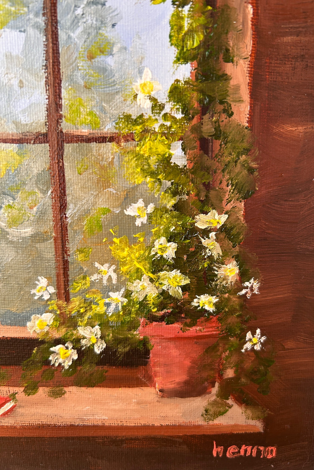Framed Window Scene Oil Painting: Rustic Nature Wall Art (8x10)