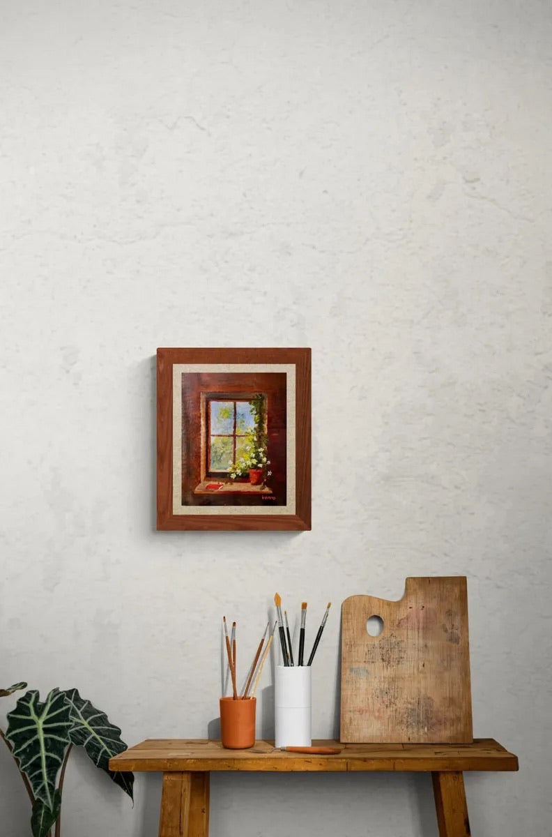Framed Window Scene Oil Painting: Rustic Nature Wall Art (8x10)