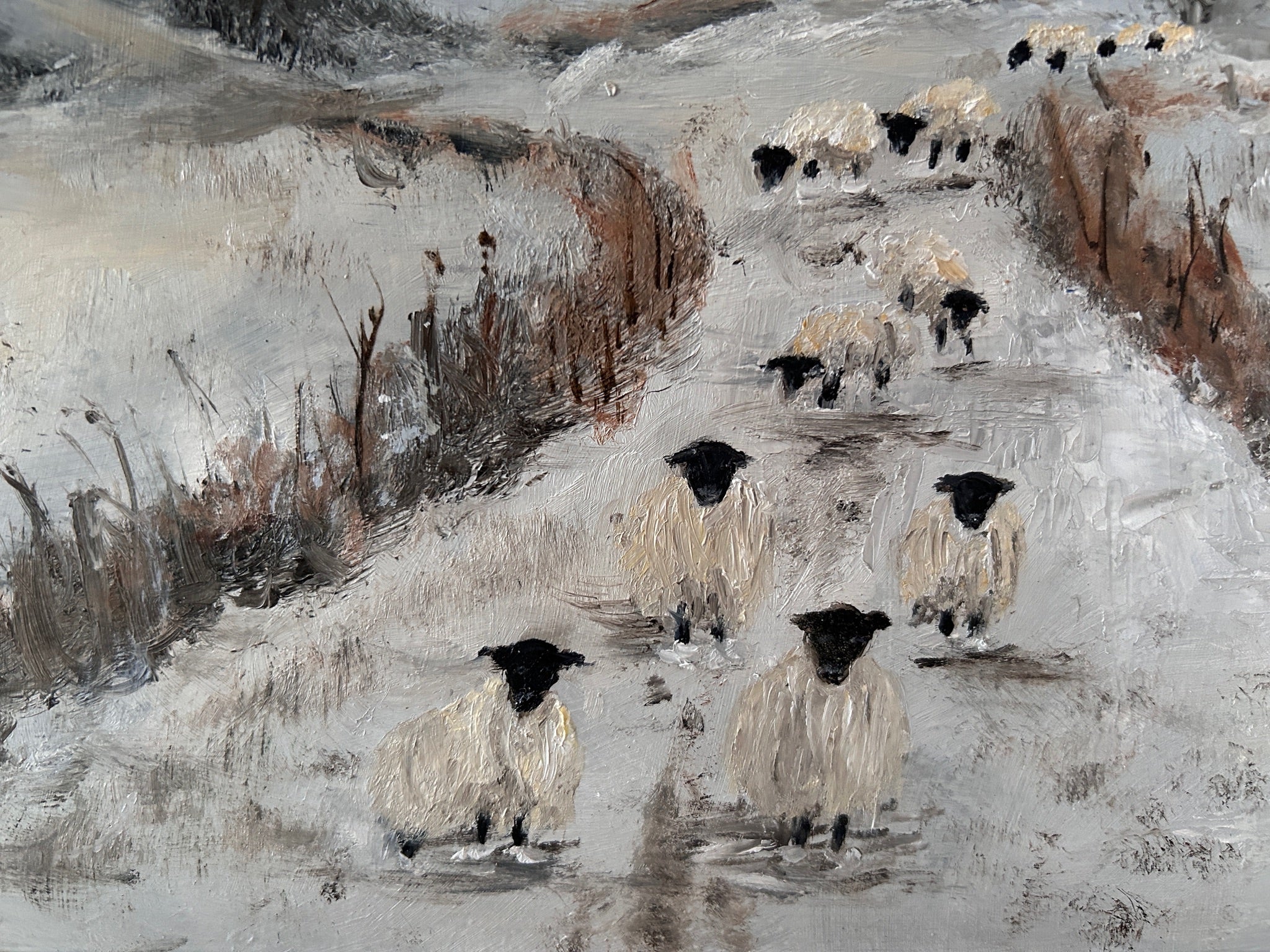 Original oil painting - Sheep on the road  Snowy Landscape Art on board Framed (15"x12")