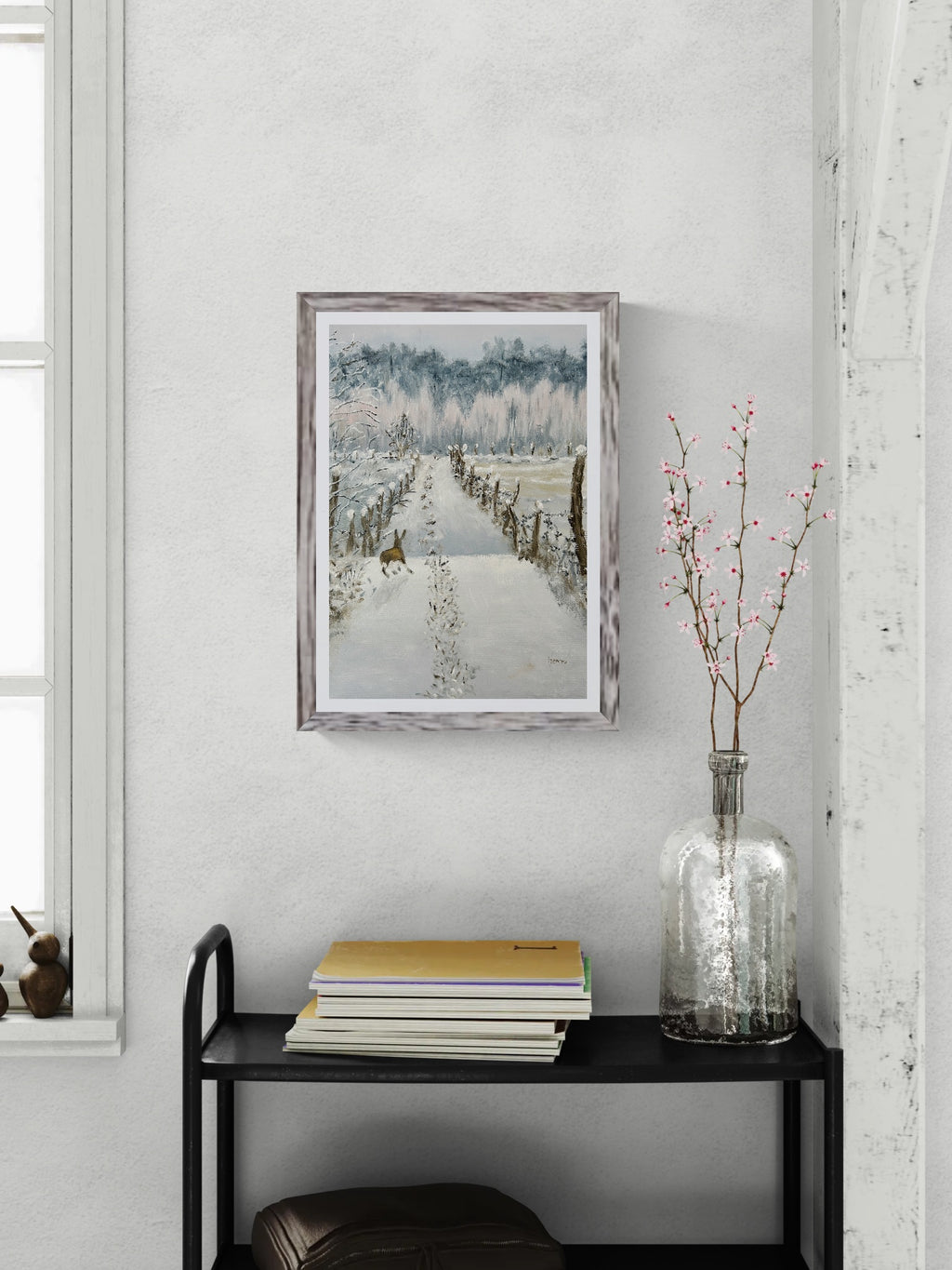 Original Oil painting - Winter Hare Snowy Landscape Art on Canvas 16"x12