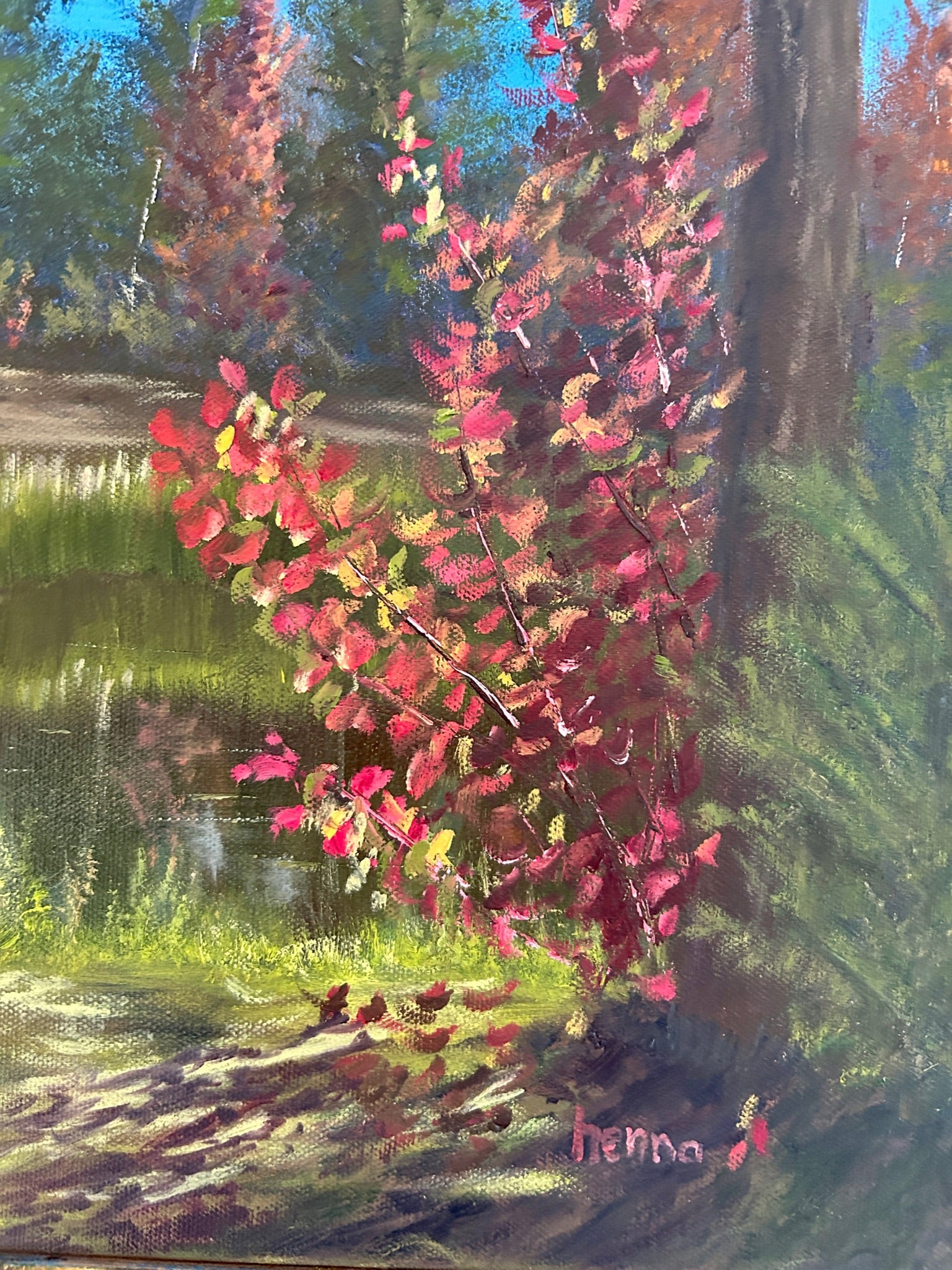 Original Autumn Forest Pond Oil Painting: Nature Wall Art (16x12)