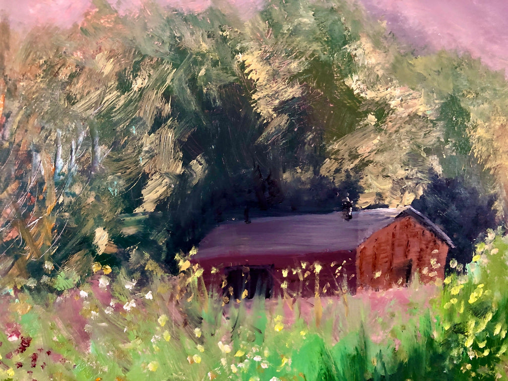 Original Oil painting: Rustic Barn Landscape on Wood (20"x16")