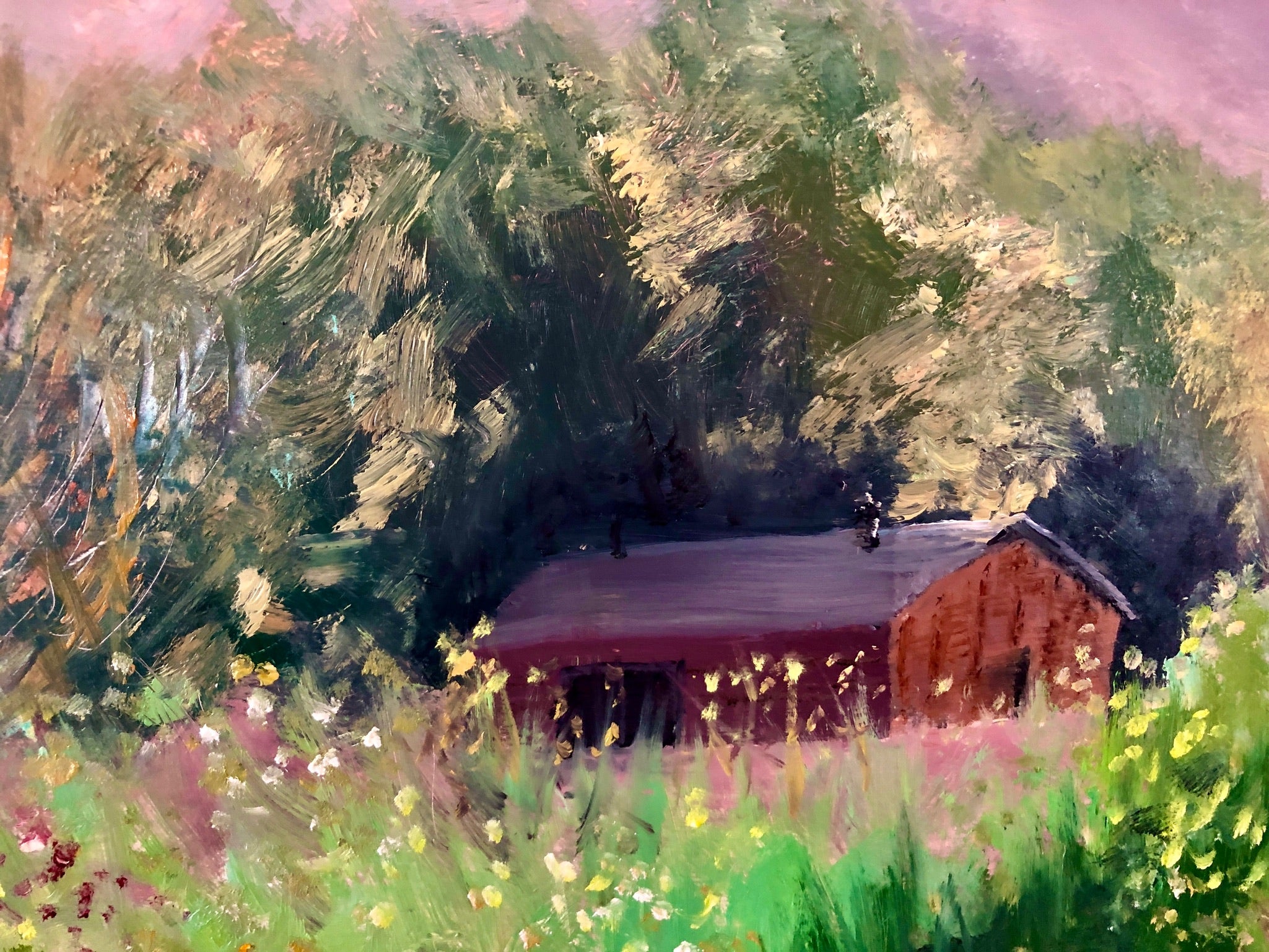 Original Oil painting: Rustic Barn Landscape on Wood (20"x16")