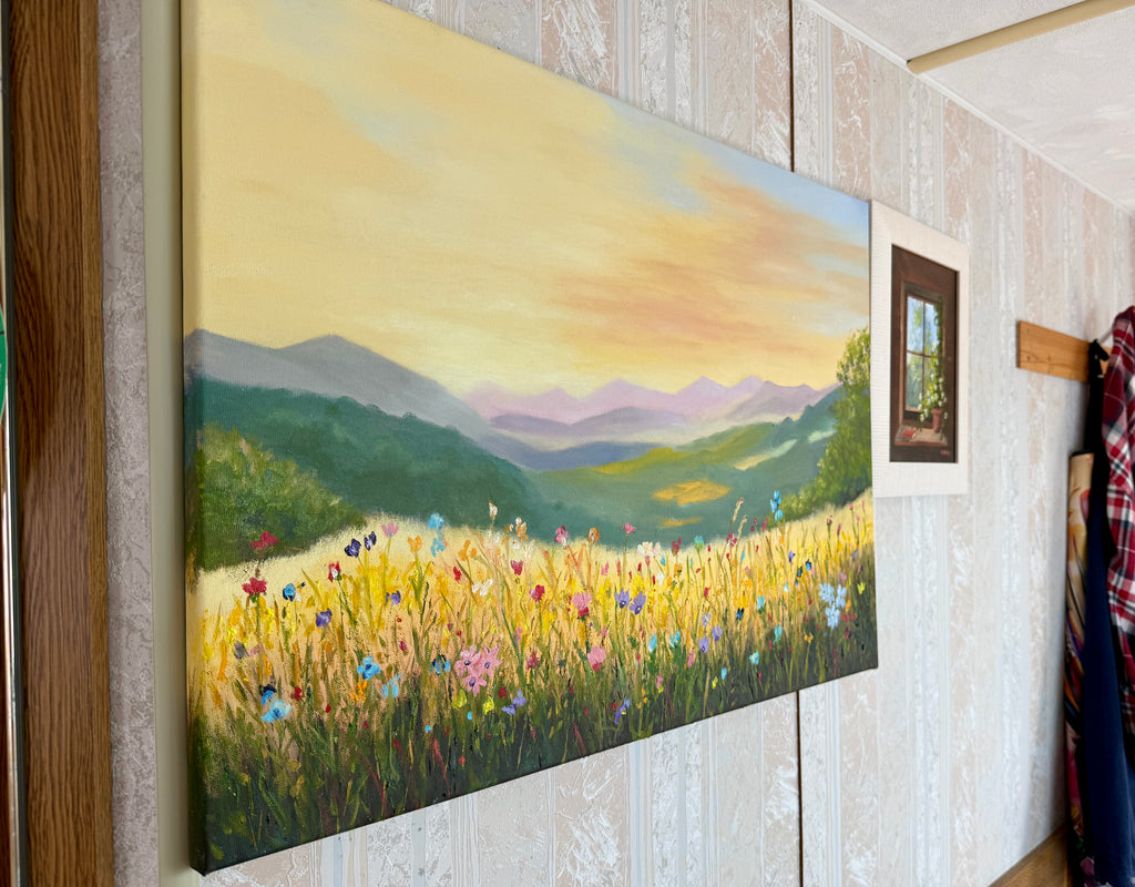Sunrise Behind the Mountains over a Flower Field 28"x20"