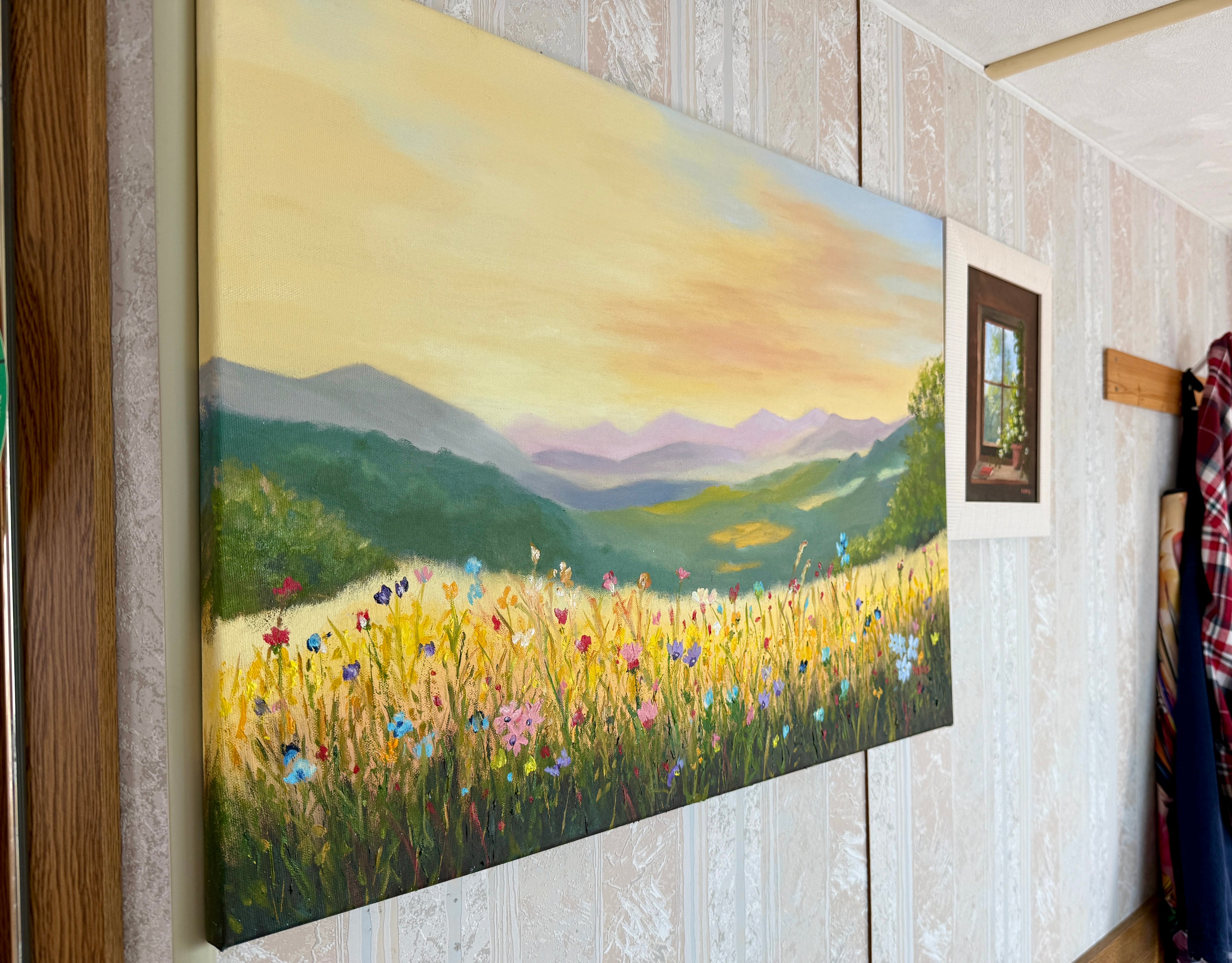 Sunrise Behind the Mountains over a Flower Field 28"x20"