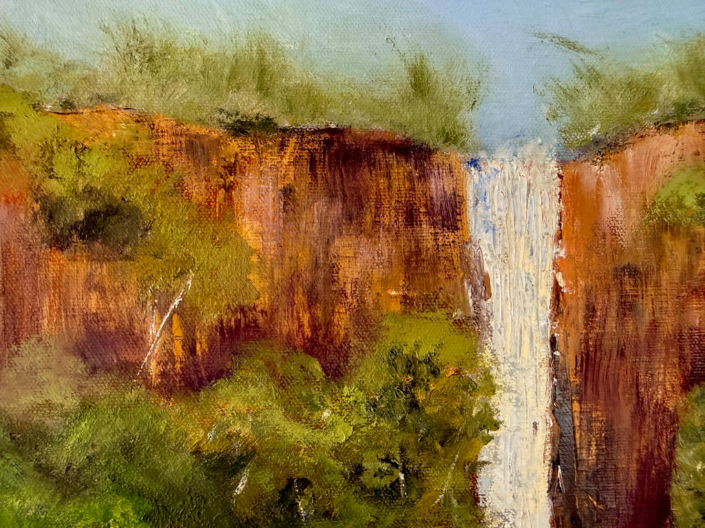 Waterfall over the cliffs, reflections in the water,  24X20