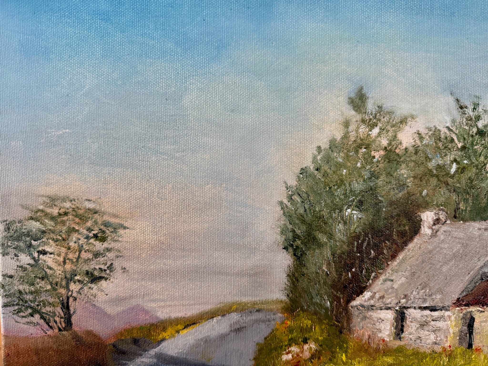 Original Oil Cottage Painting, Vintage rural scene, Old Stone Cottage  (18x14")