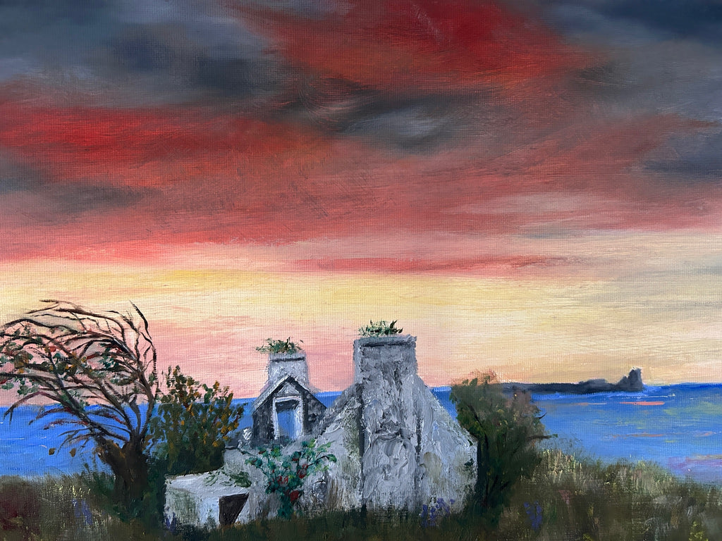 Original IrishOriginal Oil Painting -  Sunset  : Ruin near the Atlantic Ocean | Cottage Art 16x12