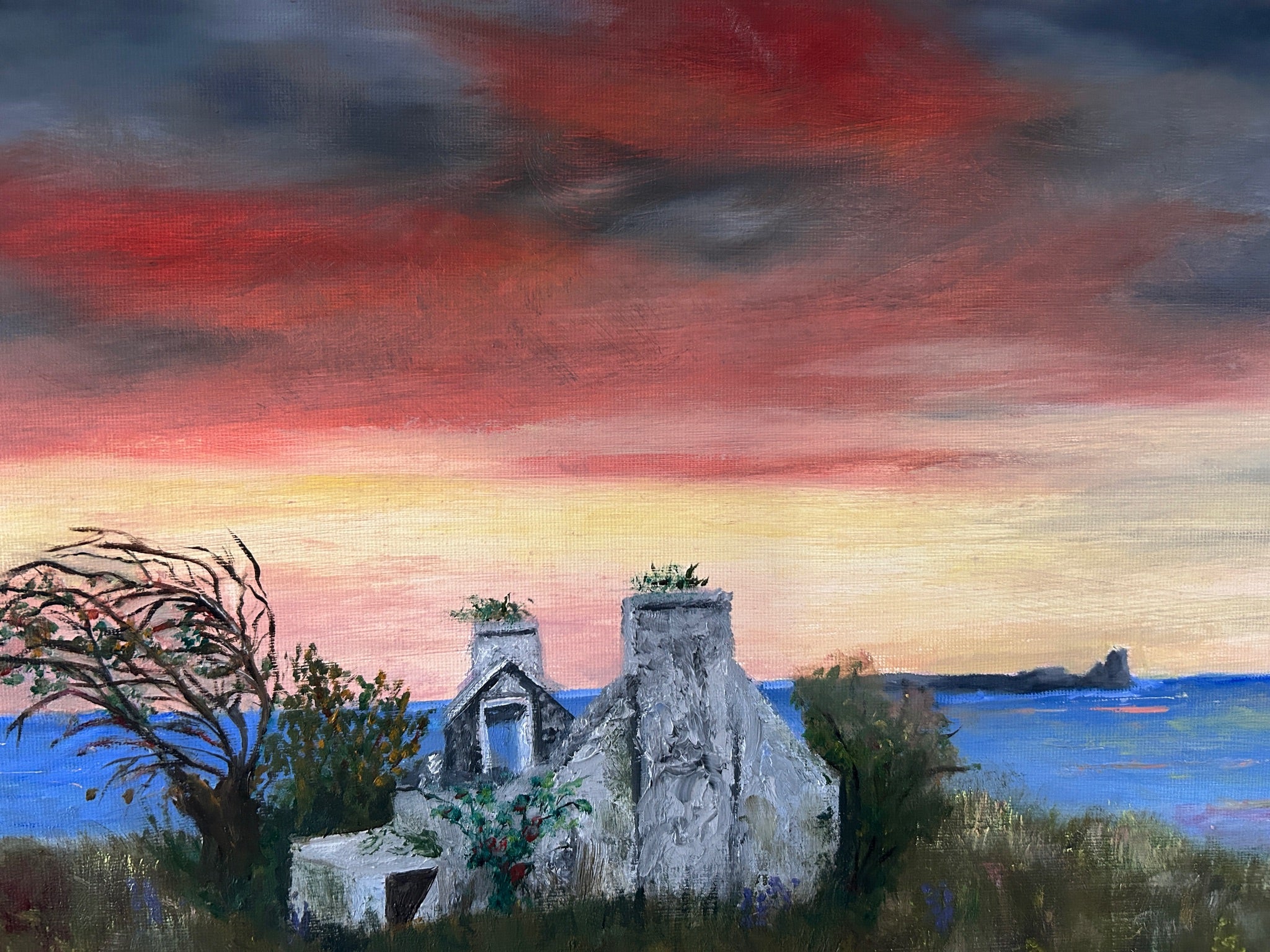 Original IrishOriginal Oil Painting -  Sunset  : Ruin near the Atlantic Ocean | Cottage Art 16x12