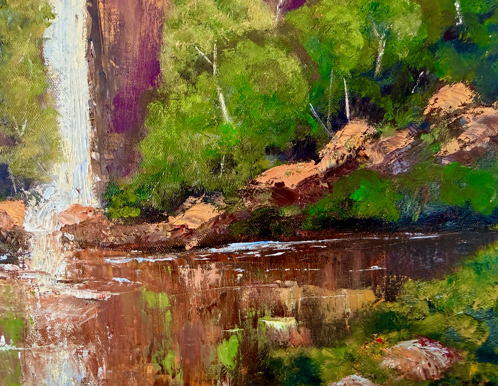 Waterfall over the cliffs, reflections in the water,  24X20