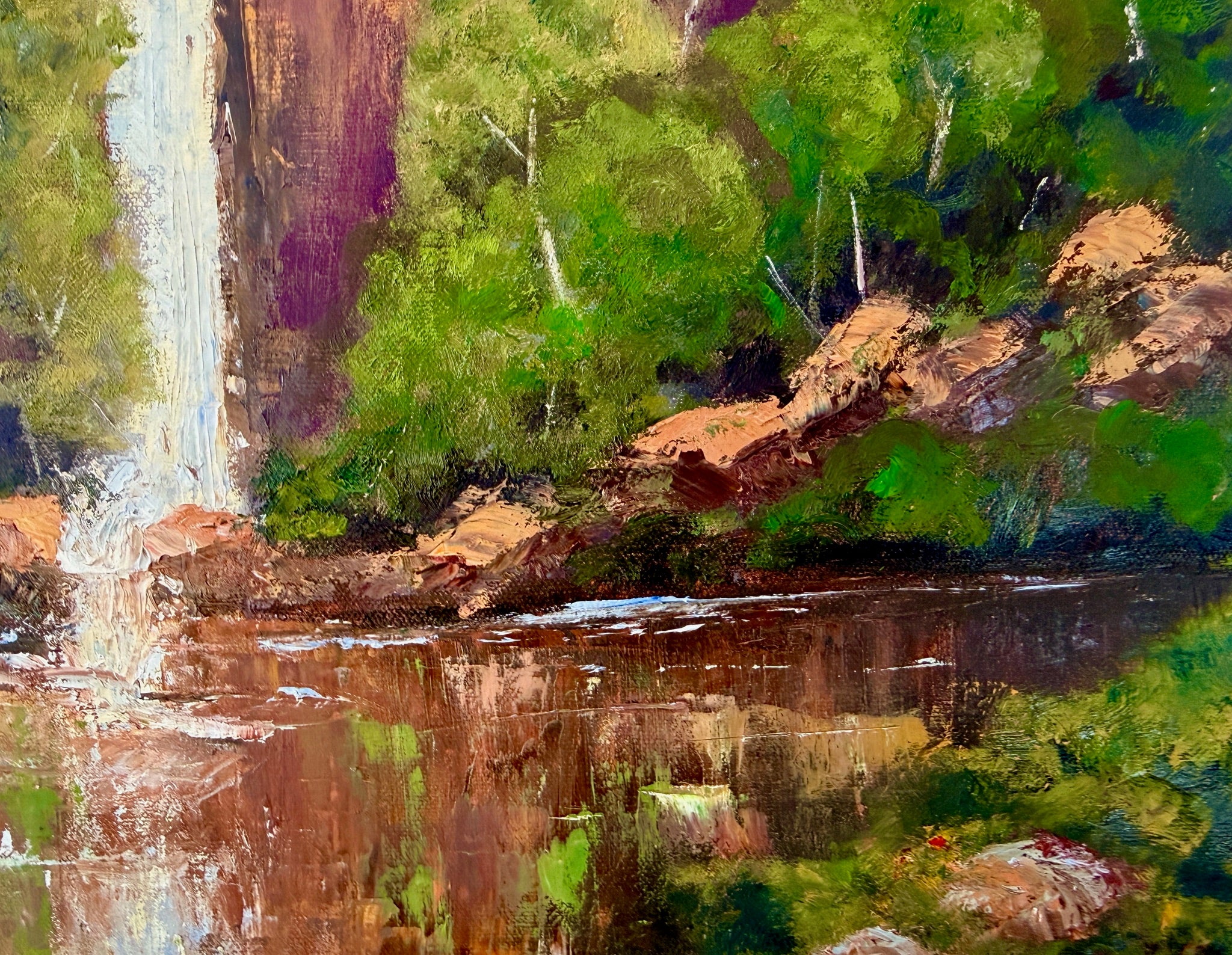 Waterfall over the cliffs, reflections in the water,  24X20