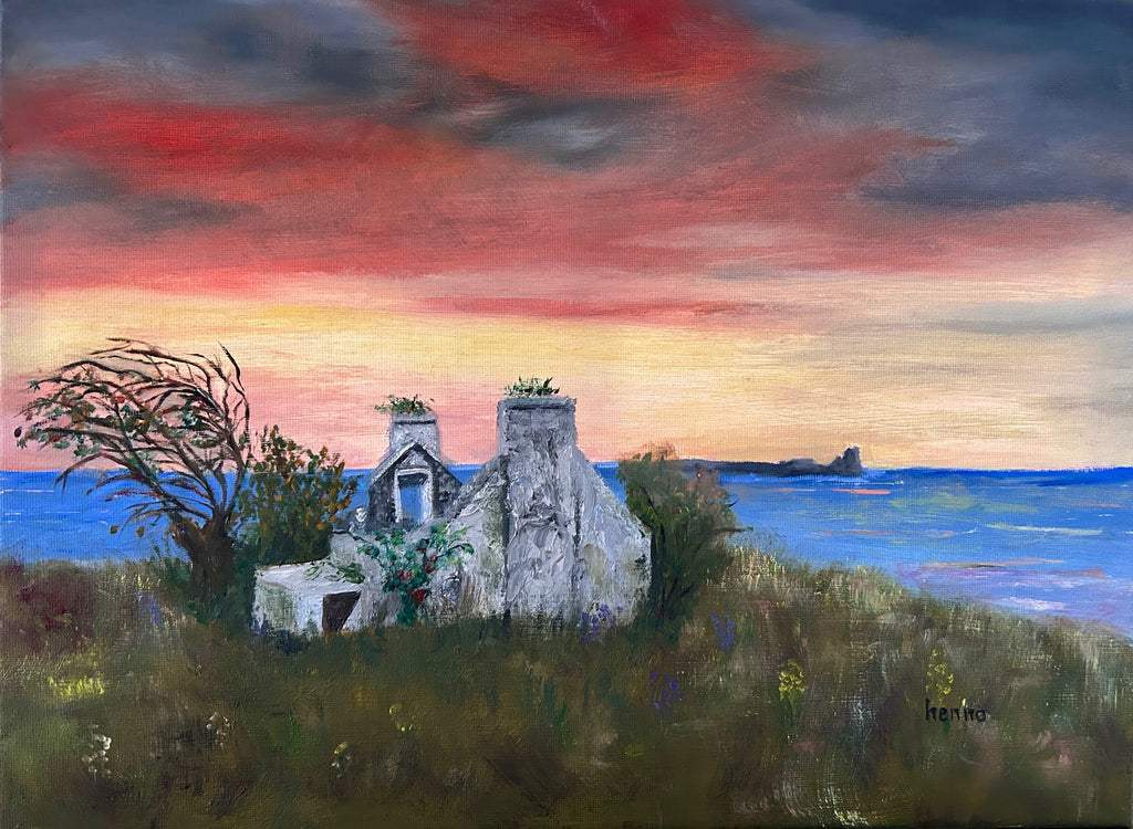Original IrishOriginal Oil Painting -  Sunset  : Ruin near the Atlantic Ocean | Cottage Art 16x12
