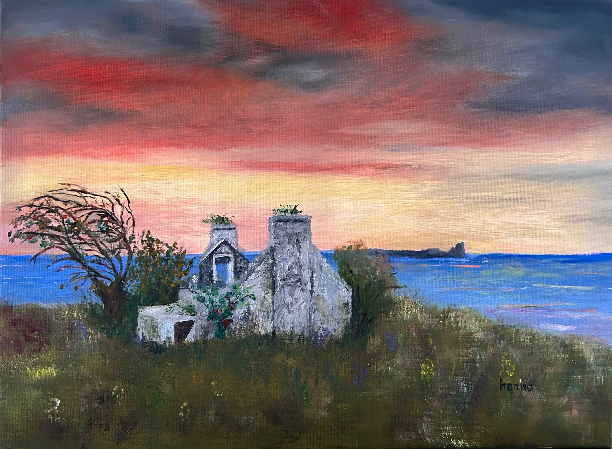 Original IrishOriginal Oil Painting -  Sunset  : Ruin near the Atlantic Ocean | Cottage Art 16x12