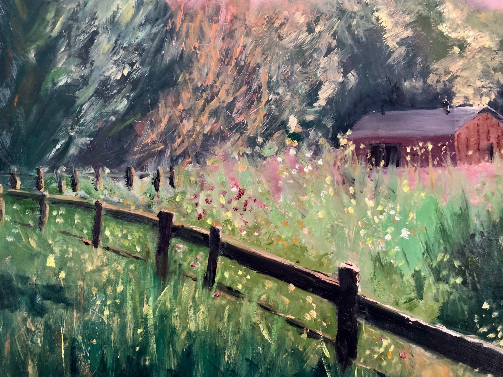 Original Oil painting: Rustic Barn Landscape on Wood (20"x16")