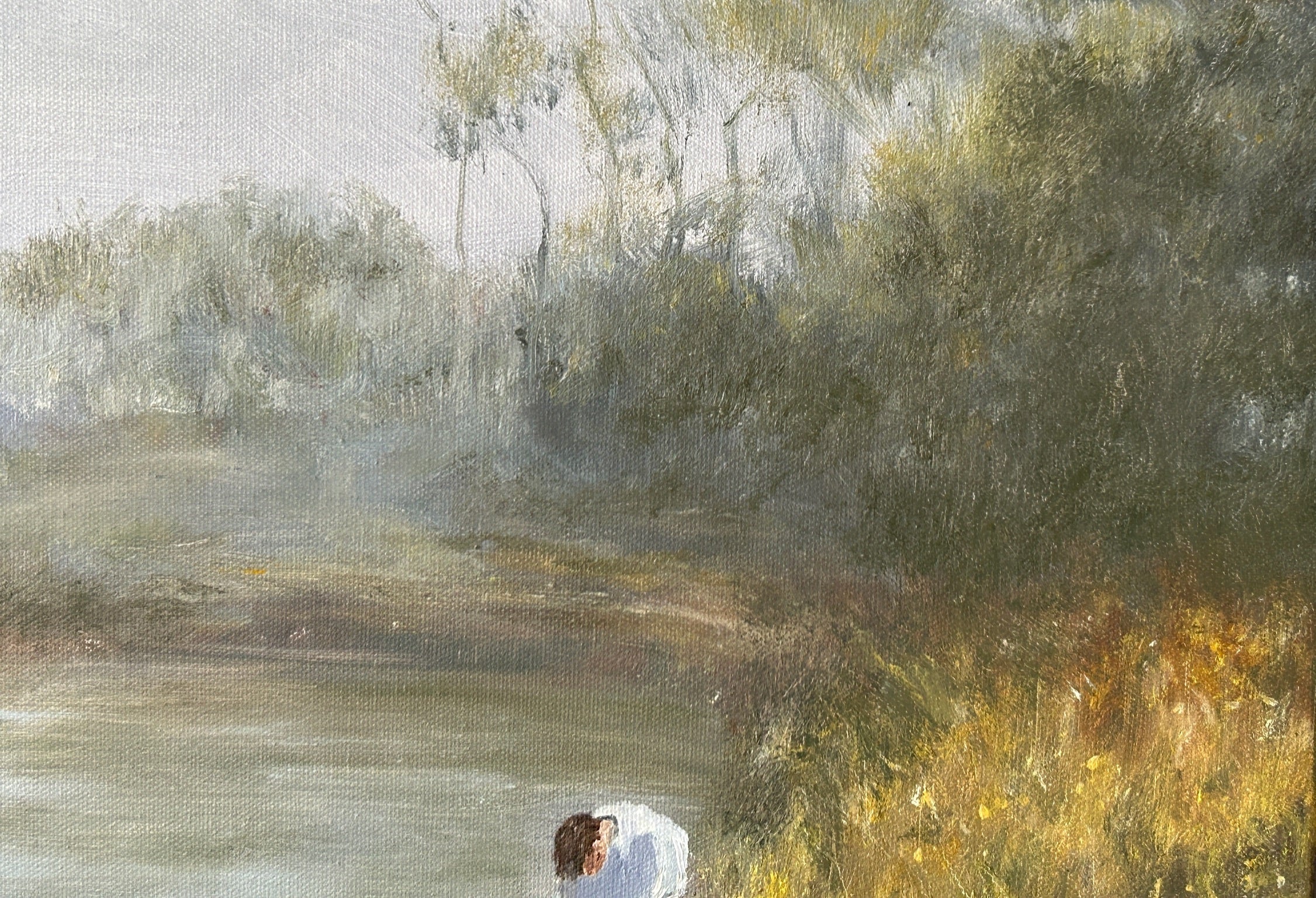 Misty Morning River Oil Painting: Brothers Fishing, Irish Landscape Art (16x12)