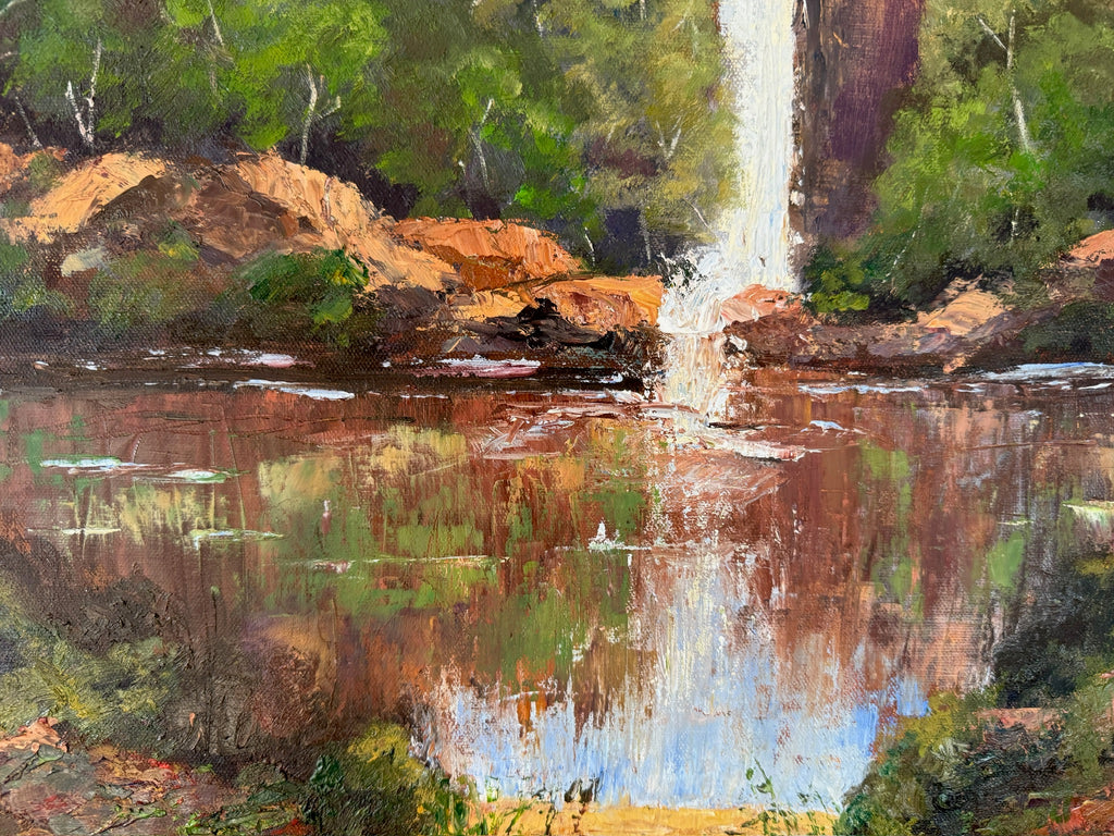 Waterfall over the cliffs, reflections in the water,  24X20