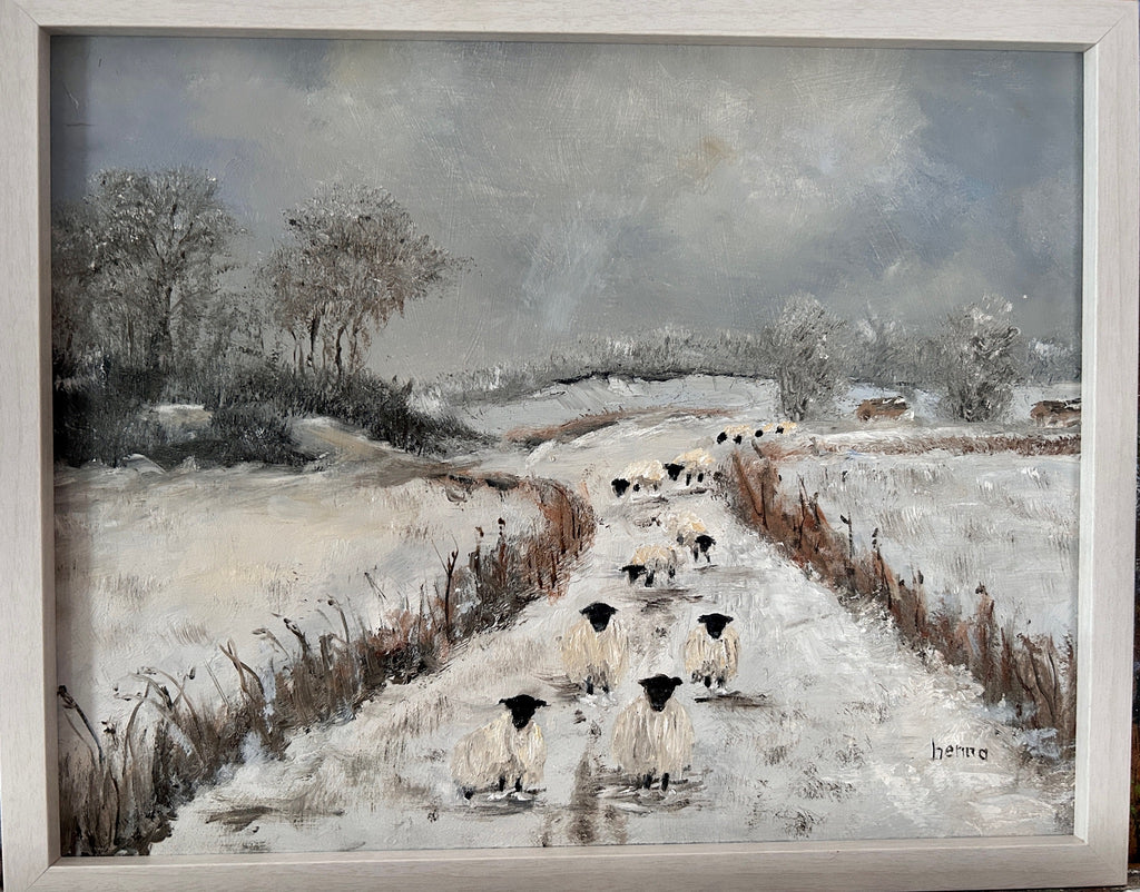 Original oil painting - Sheep on the road  Snowy Landscape Art on board Framed (15"x12")
