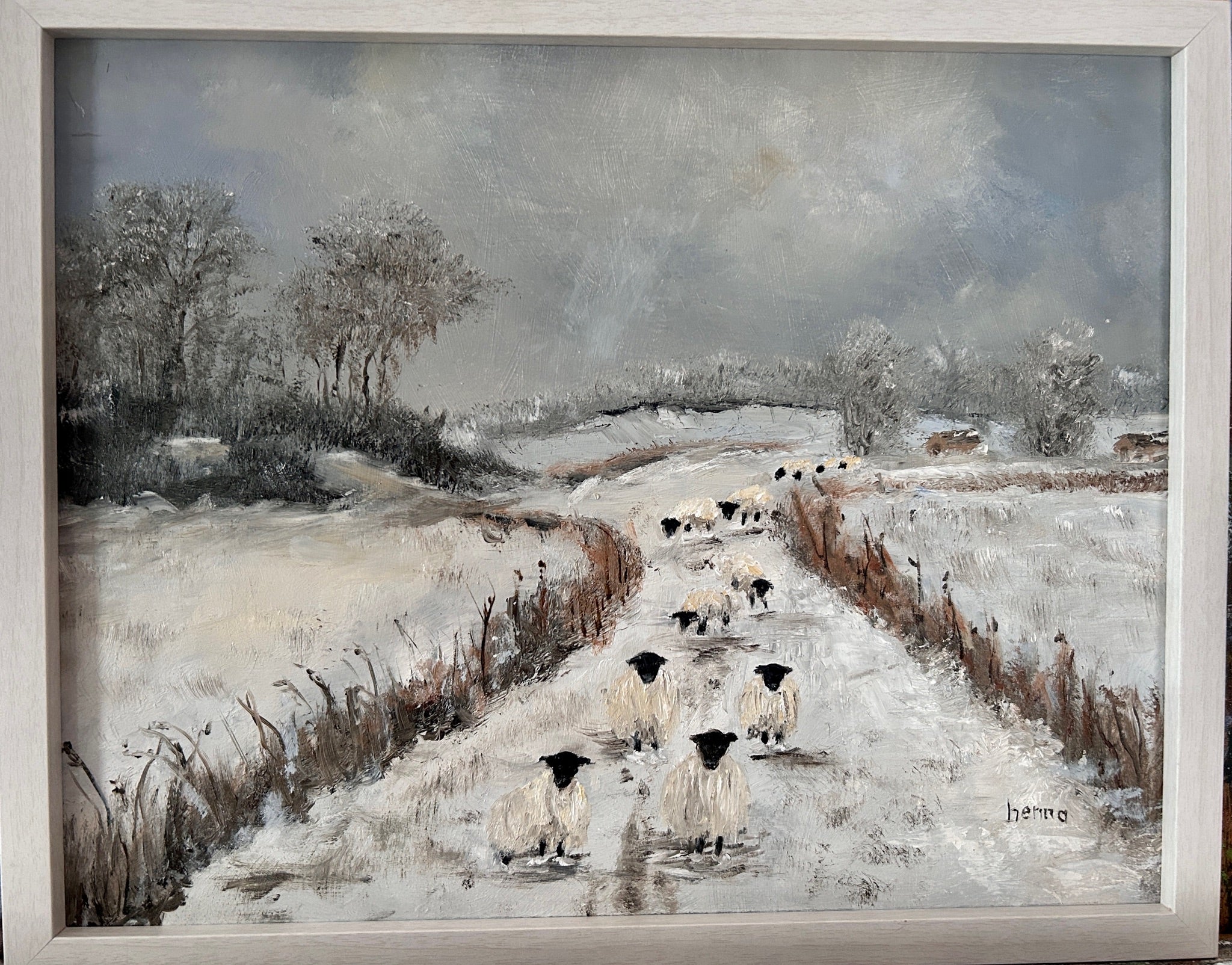 Original oil painting - Sheep on the road  Snowy Landscape Art on board Framed (15"x12")
