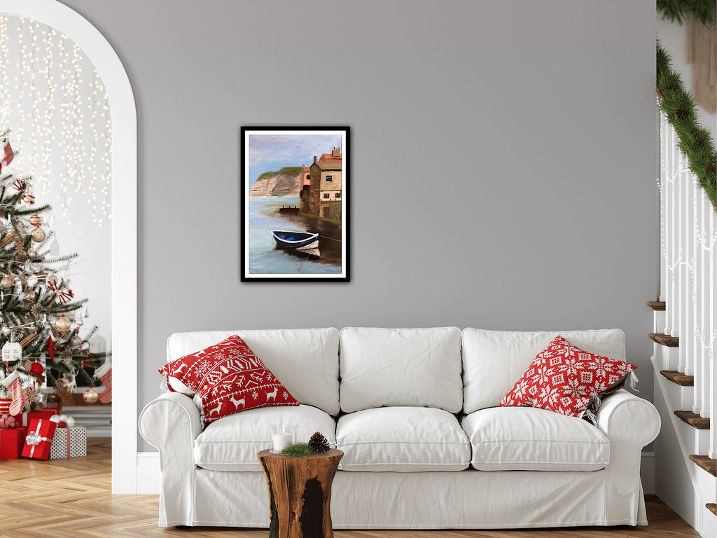 Oil Painting: The Blue boat on Staithes on canvas board 10"x14"