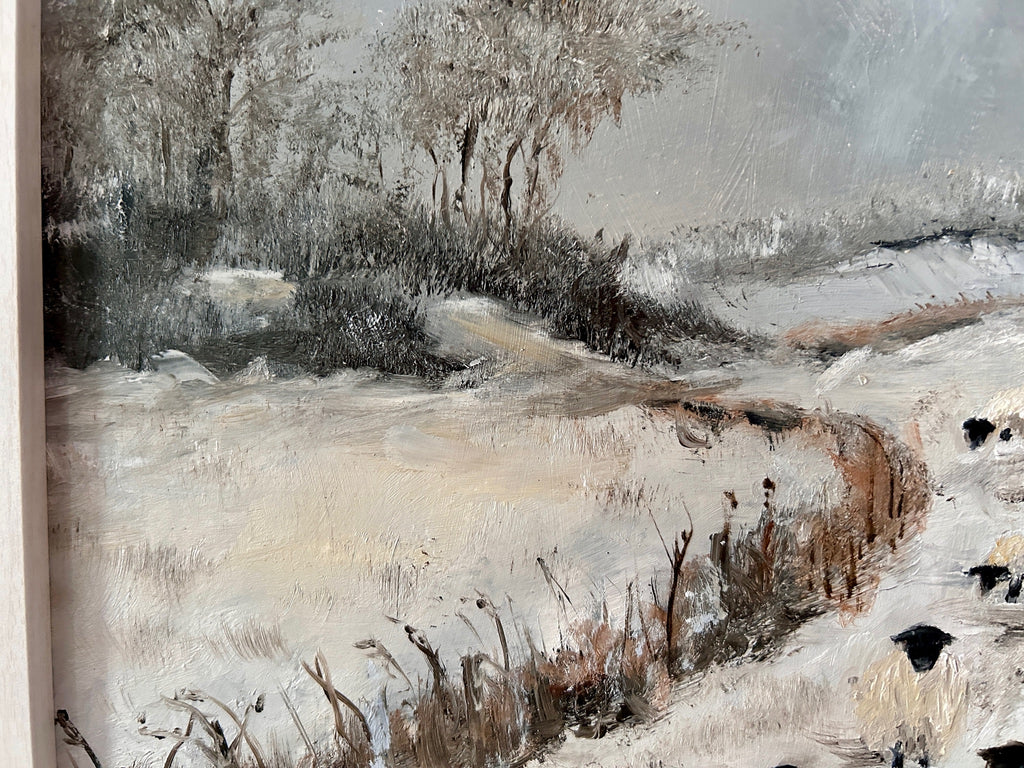 Original oil painting - Sheep on the road  Snowy Landscape Art on board Framed (15"x12")