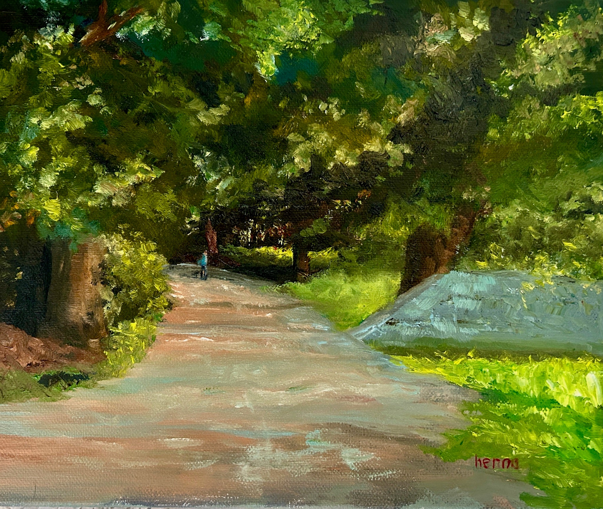 Painting of a path through a forest with a person walking