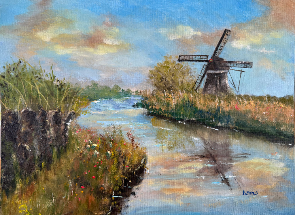 Painting of a windmill by a canal with grass and clouds in the sky