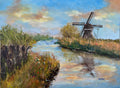 Painting of a windmill by a canal with grass and clouds in the sky