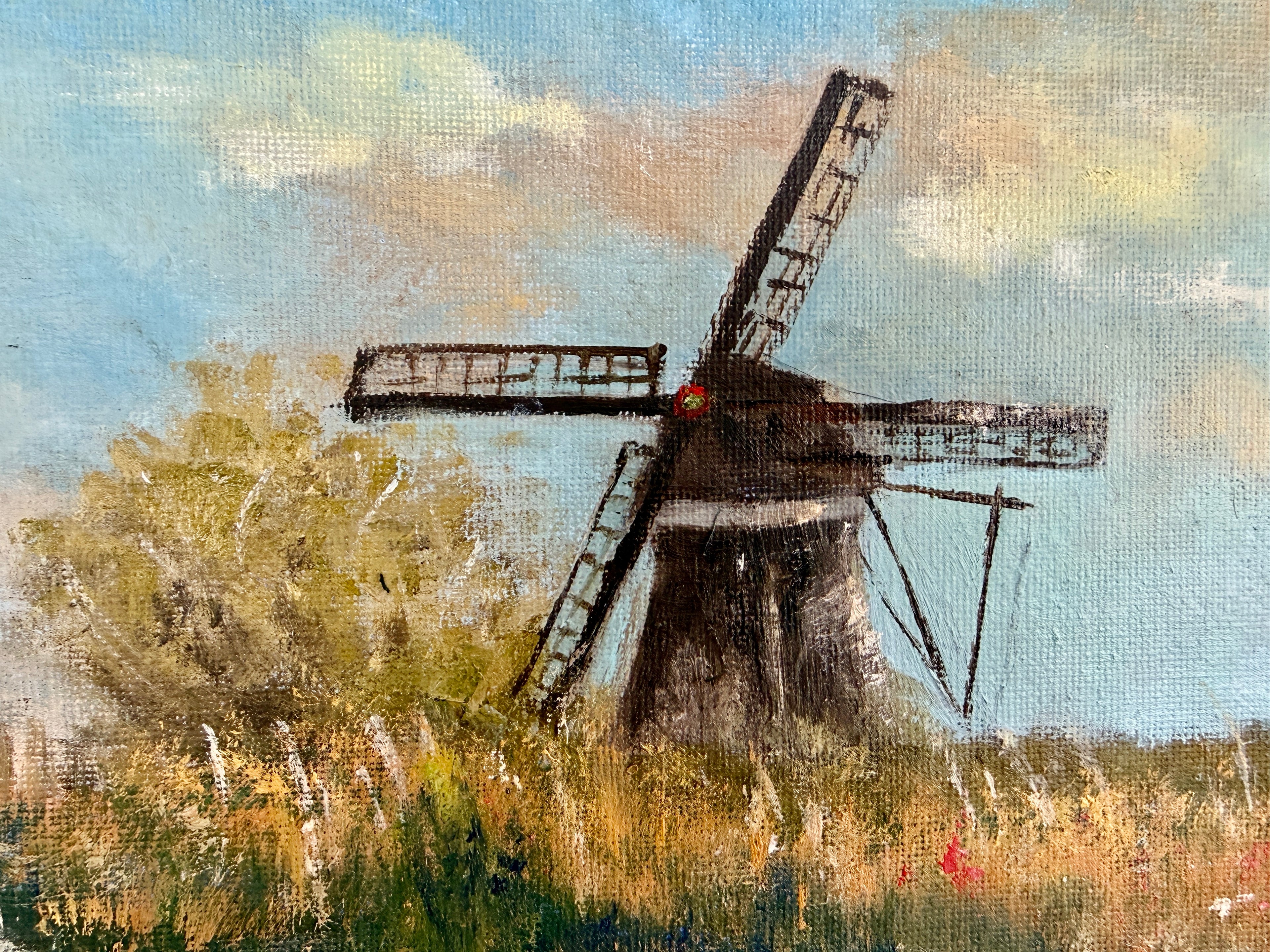 Windmill on a Serene Dutch Morning,  in Oils, Canvas Board 12"x16"