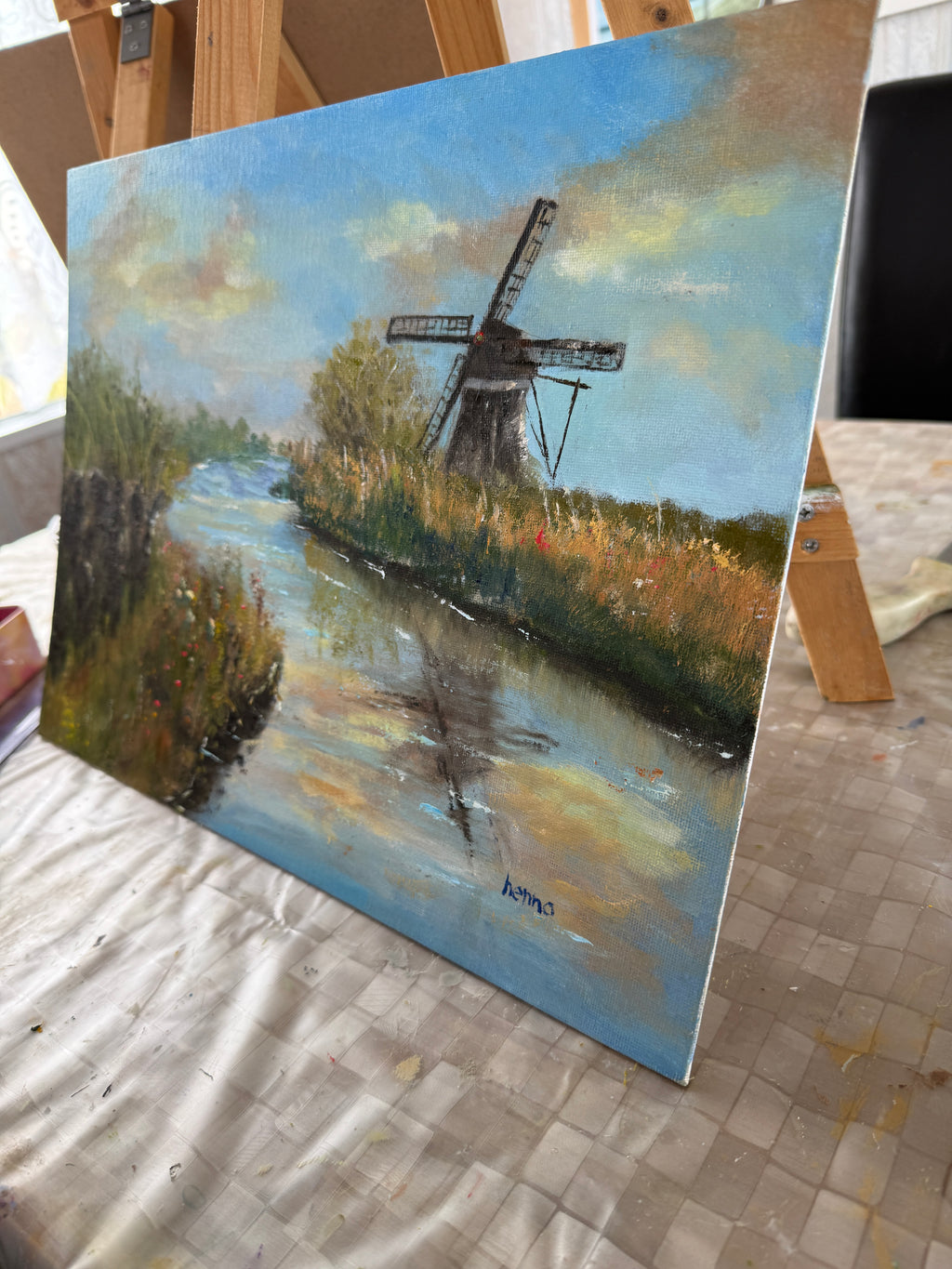 Windmill on a Serene Dutch Morning,  in Oils, Canvas Board 12"x16"