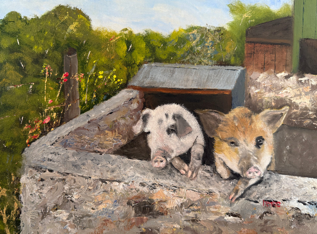 Two Pigs Over a Stone Wall (16"x12")