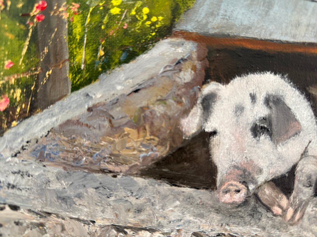 Two Pigs Over a Stone Wall (16"x12")