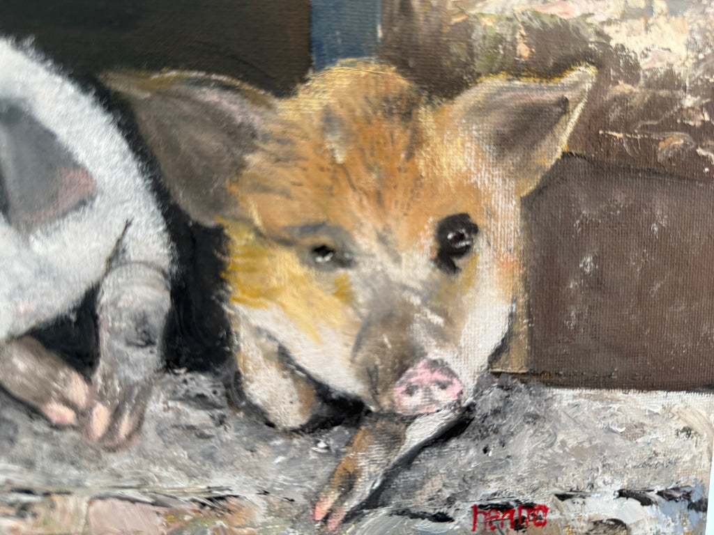 Two Pigs Over a Stone Wall (16"x12")