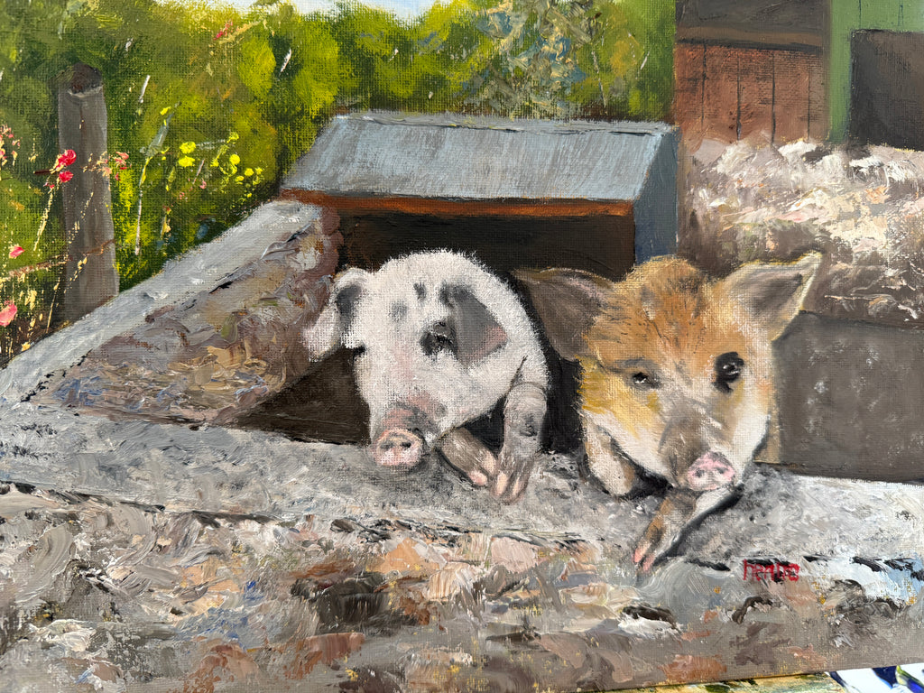Two Pigs Over a Stone Wall (16"x12")