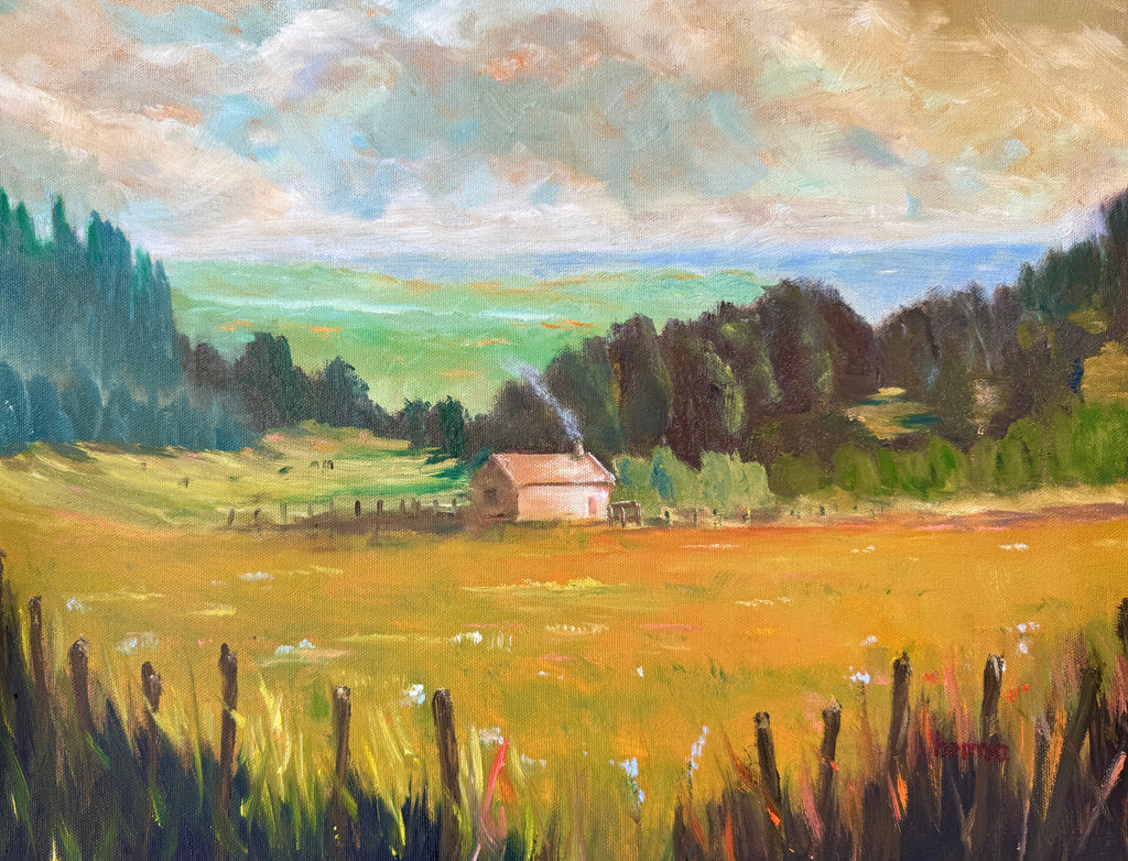 Original Painting small cabin in rural landscape 20x16
