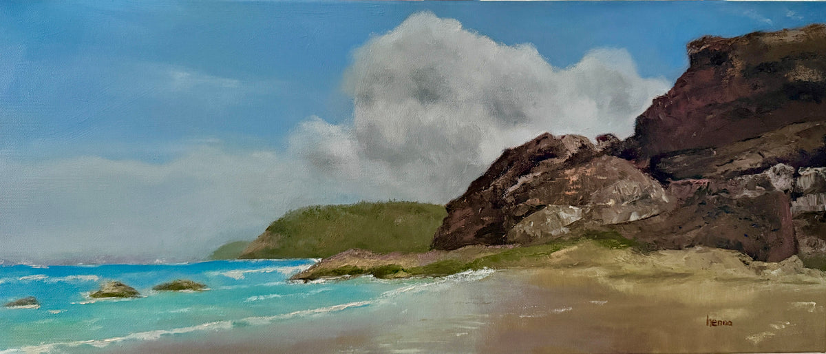 An oil painting of a coastal landscape featuring a sandy beach, turquoise ocean water, green hills, and large brown cliffs under a blue sky with a prominent white cloud.