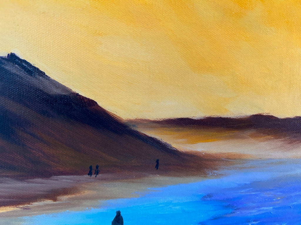 Original Oil Painting - Sunset beach on Canvas: Coastal Seascape Art (16x12)