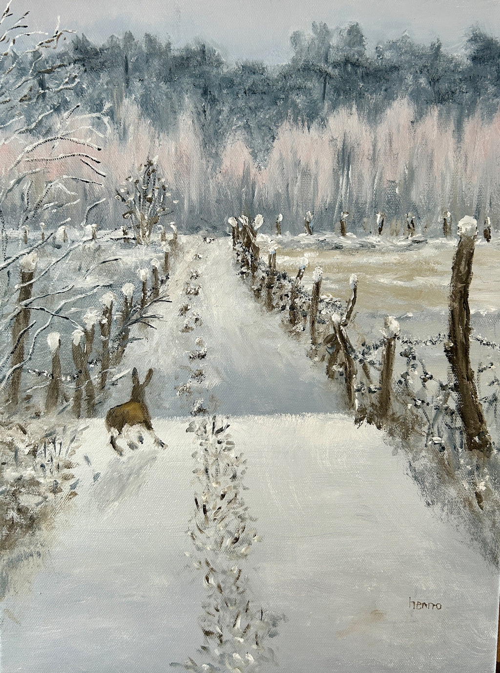 A winter landscape painting showing a snow-covered path leading through a frosty field, with bare trees in soft pink and gray tones and a small brown hare near the left side of the path.
