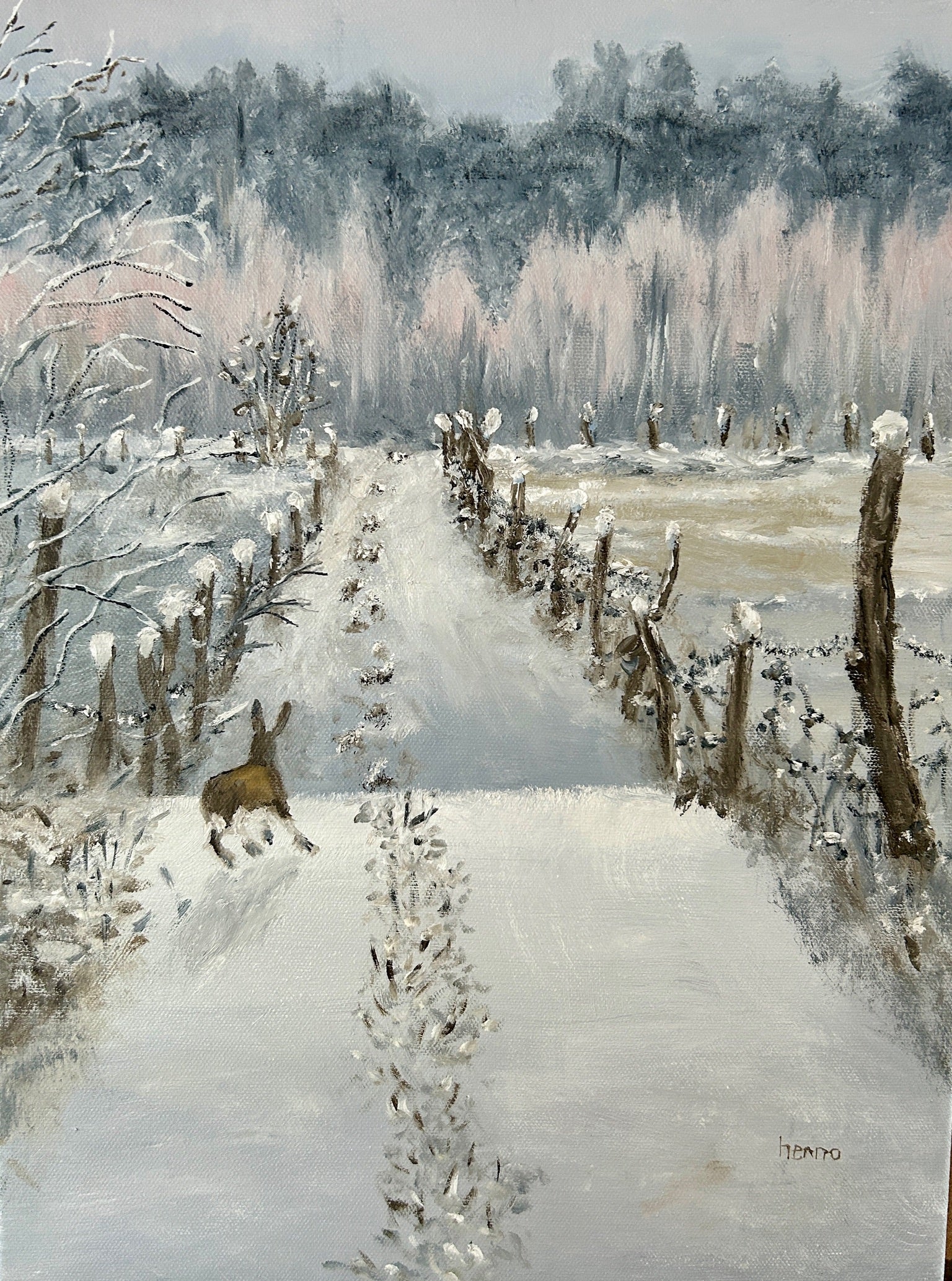A winter landscape painting showing a snow-covered path leading through a frosty field, with bare trees in soft pink and gray tones and a small brown hare near the left side of the path.