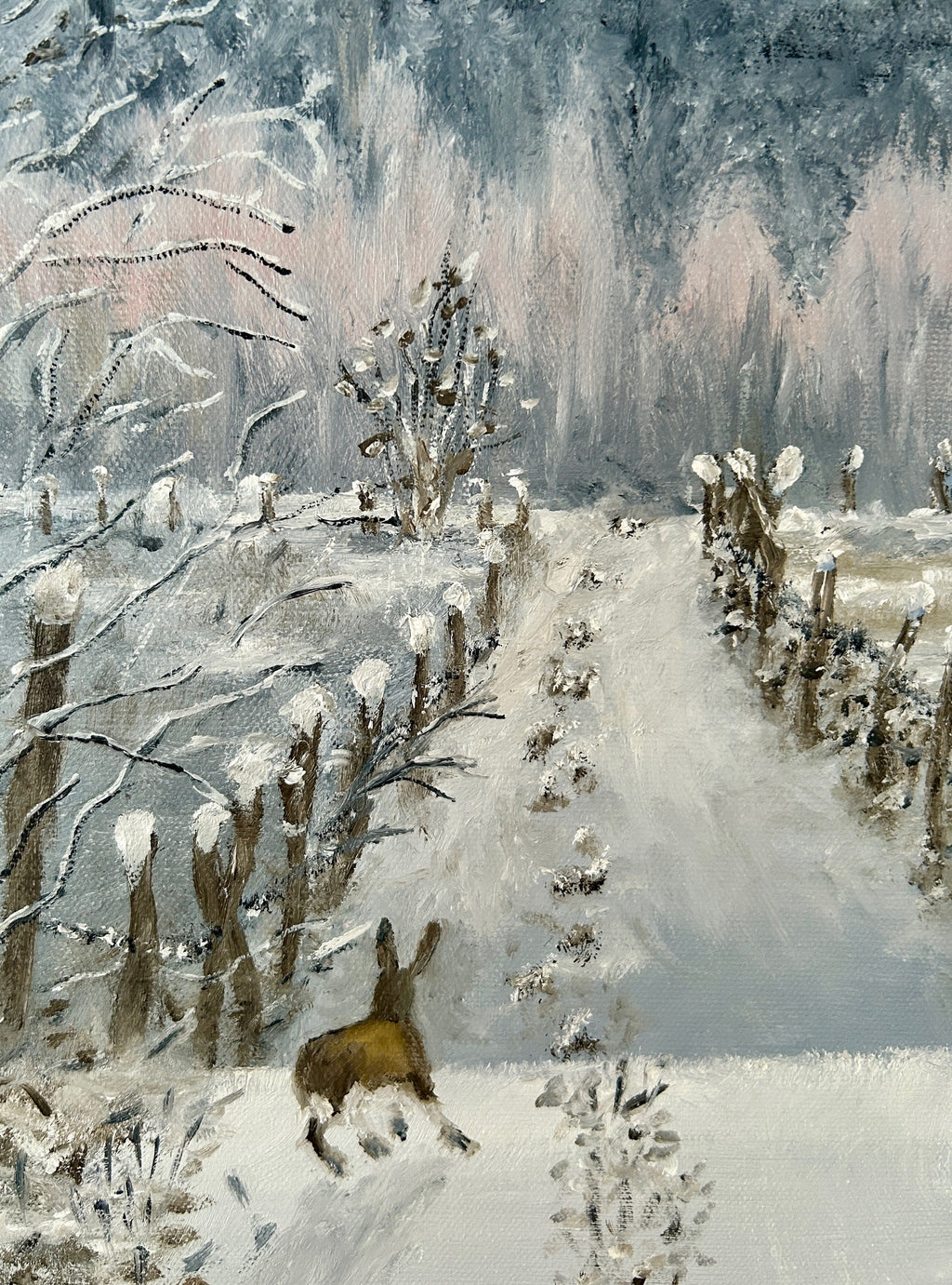 Original Oil painting - Winter Hare Snowy Landscape Art on Canvas 16"x12