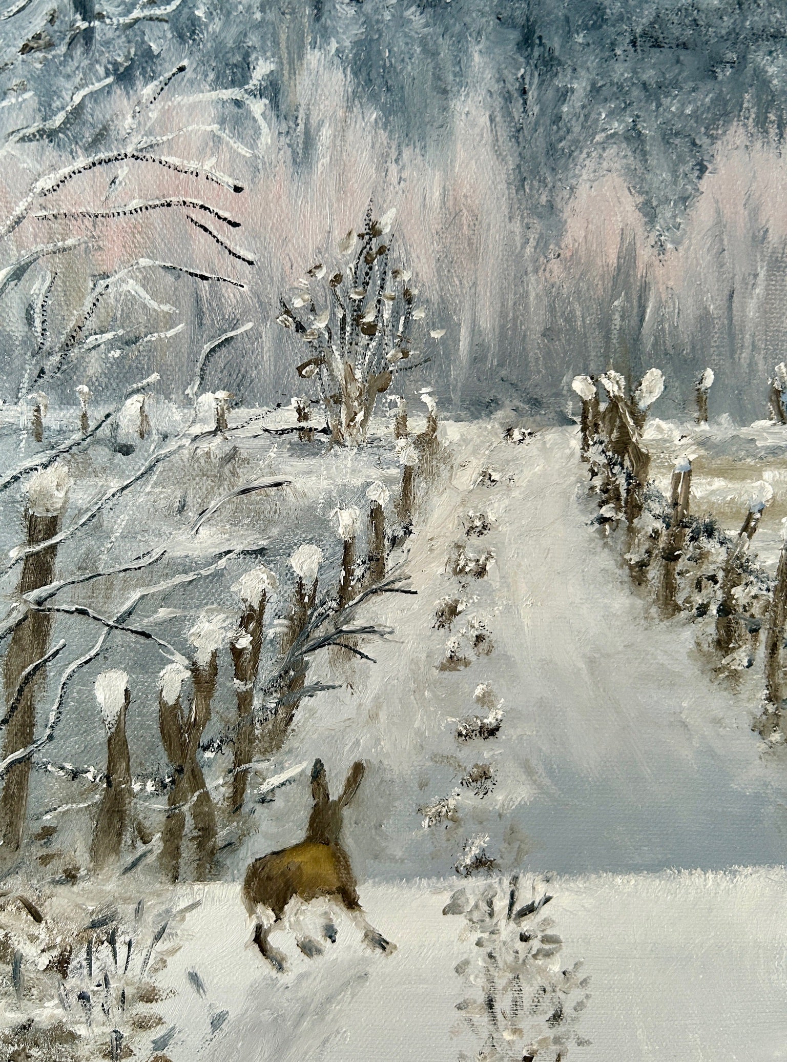 Original Oil painting - Winter Hare Snowy Landscape Art on Canvas 16"x12