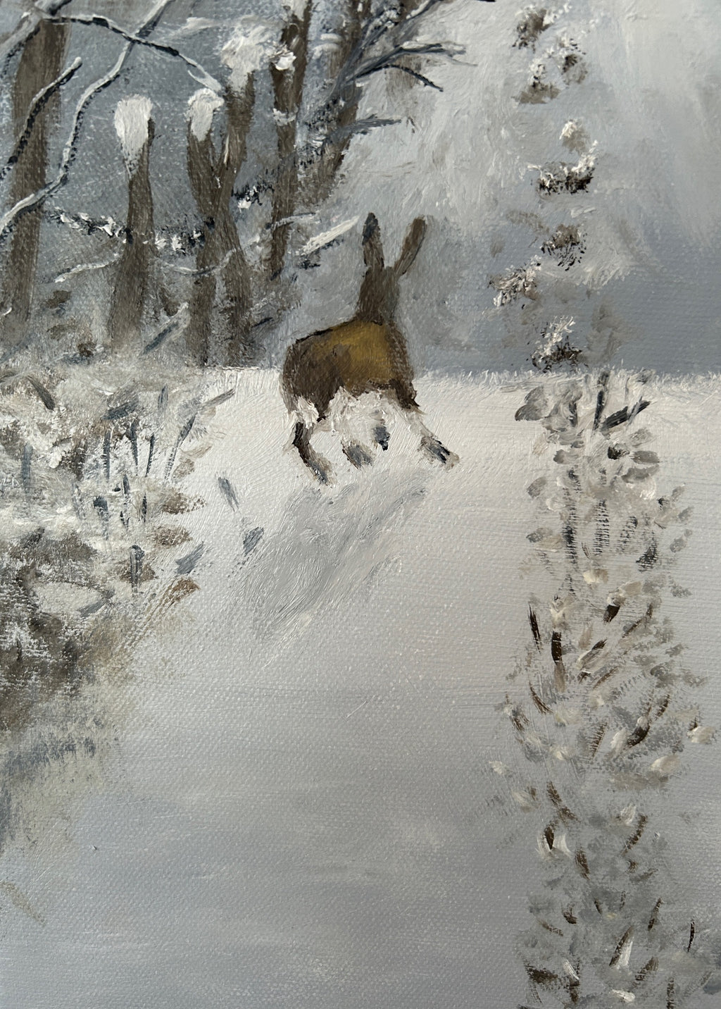 Original Oil painting - Winter Hare Snowy Landscape Art on Canvas 16"x12