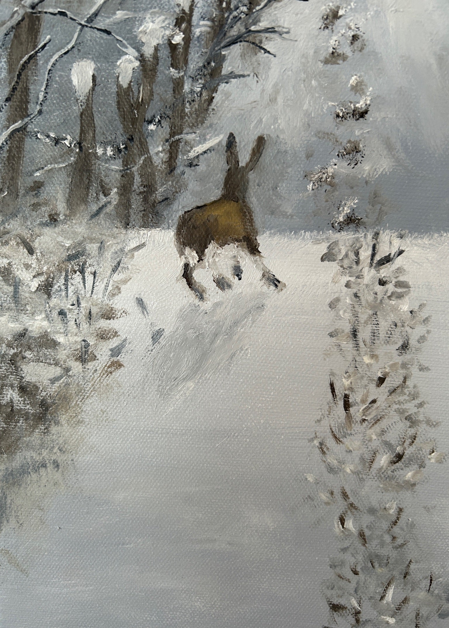 Original Oil painting - Winter Hare Snowy Landscape Art on Canvas 16"x12