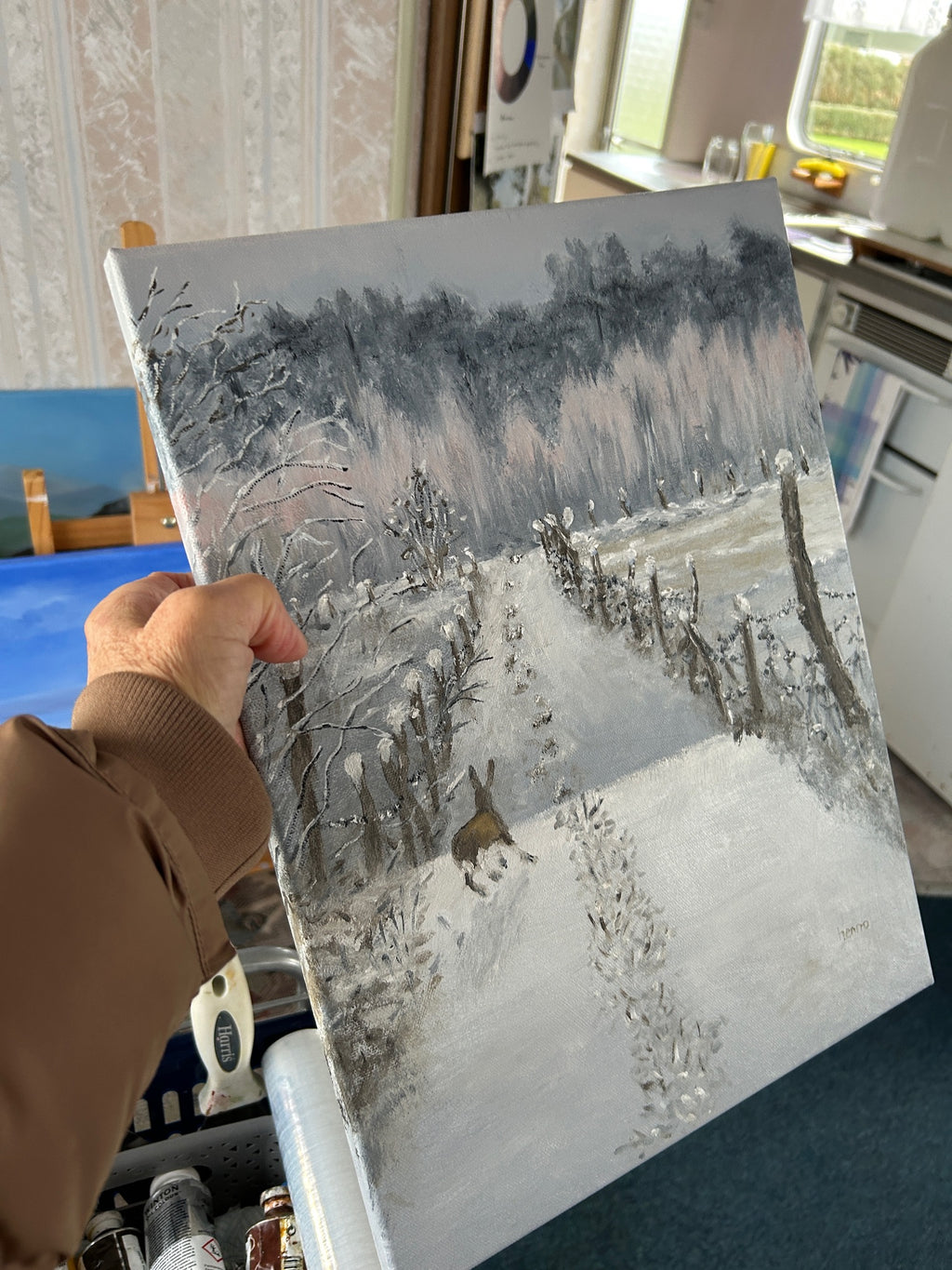 Original Oil painting - Winter Hare Snowy Landscape Art on Canvas 16"x12