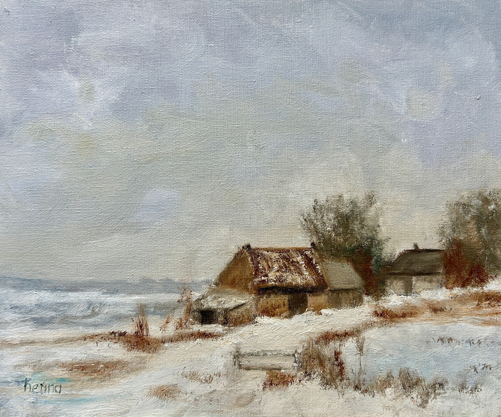 Original  Oil Painting - Winter Farmhouse Snowy Landscape Art 12"x10"