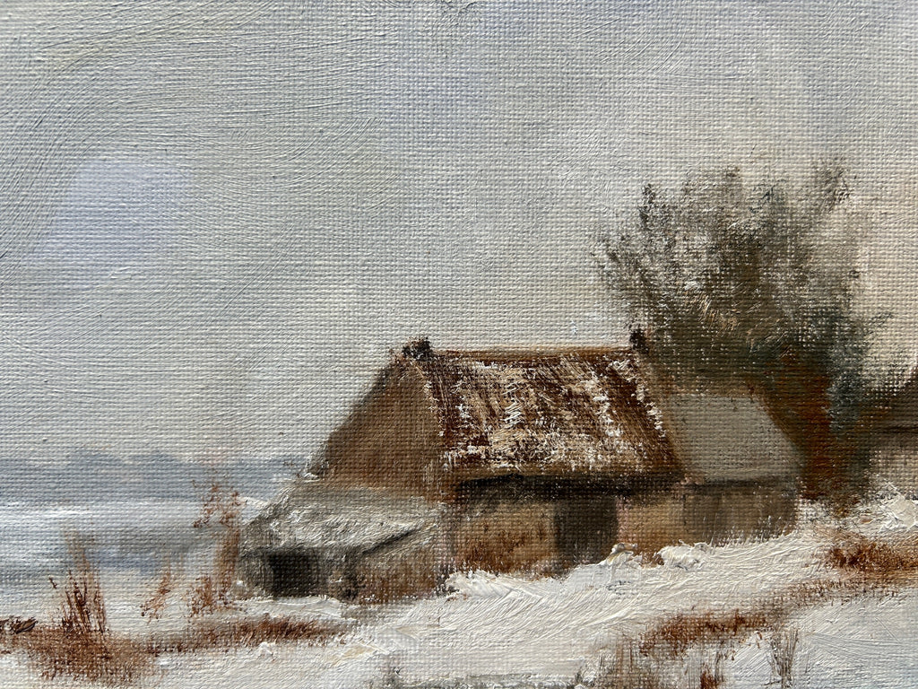 Original  Oil Painting - Winter Farmhouse Snowy Landscape Art 12"x10"