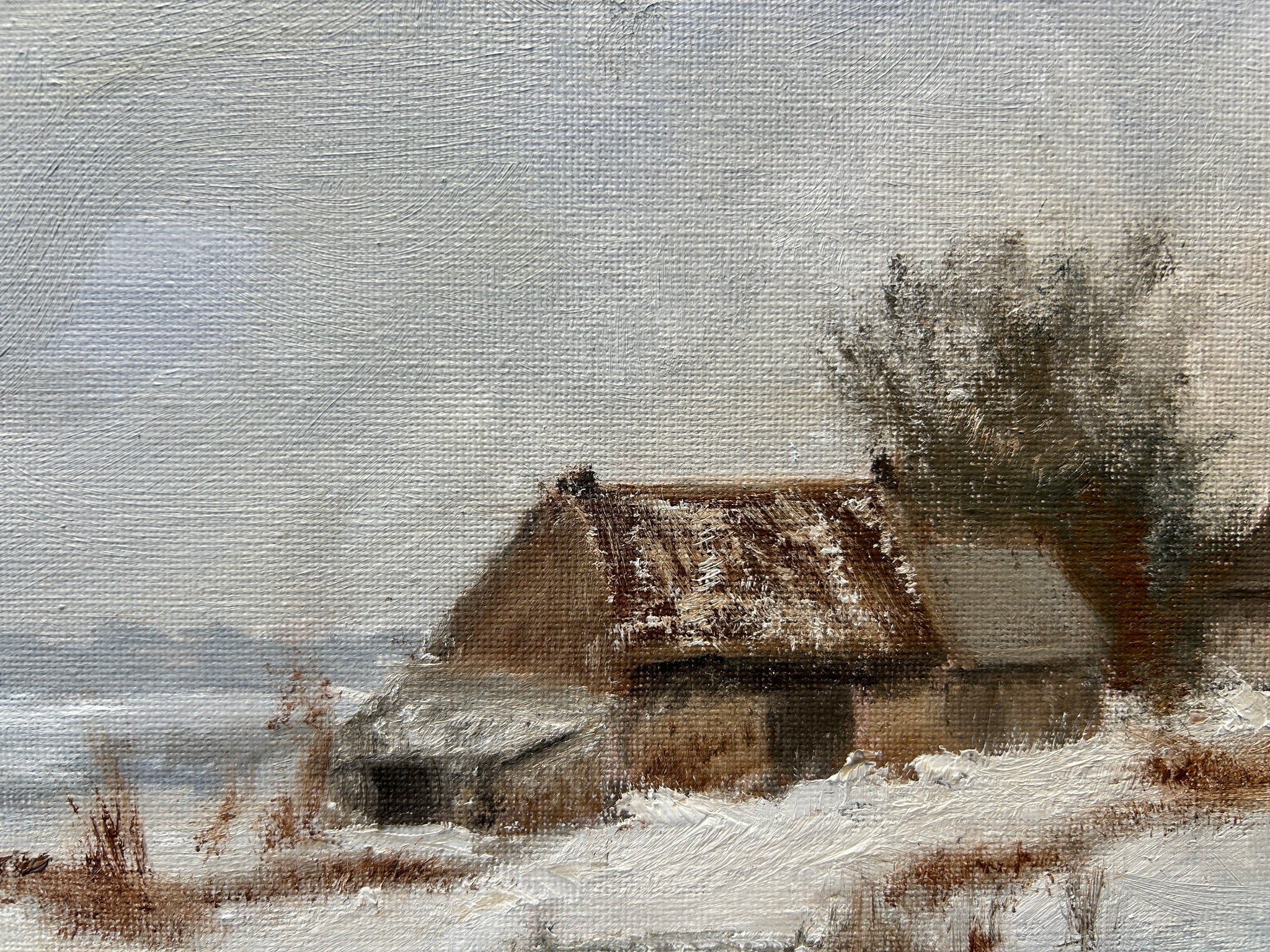 Original  Oil Painting - Winter Farmhouse Snowy Landscape Art 12"x10"