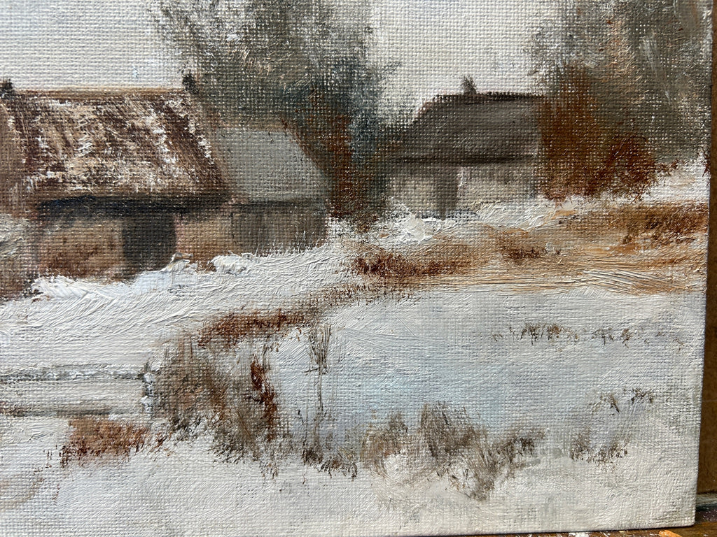 Original  Oil Painting - Winter Farmhouse Snowy Landscape Art 12"x10"