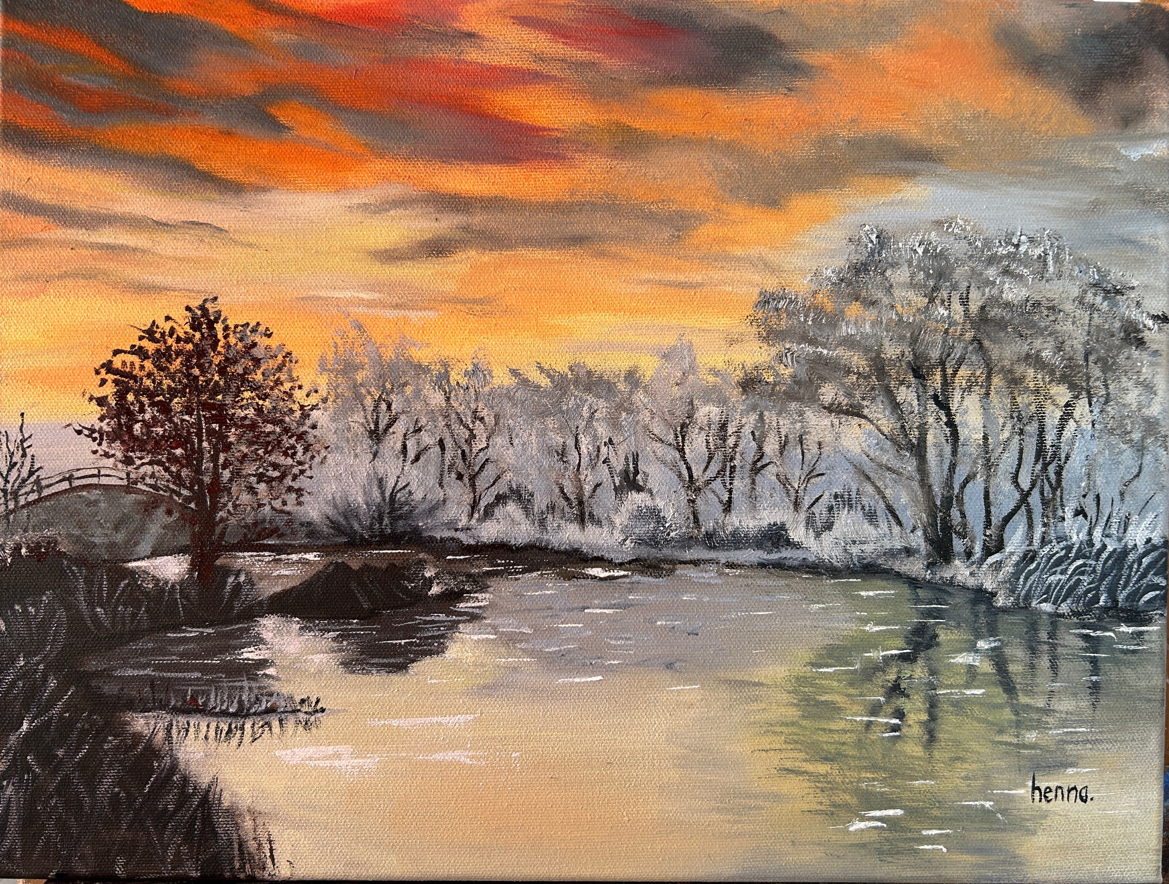 Original oil painting - Winter Sunset : Snowy Trees Landscape Art (16"x12")